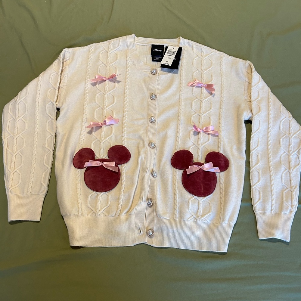 Disney Cream Cardigan with Pink Bows & Maroon Mickey Pockets